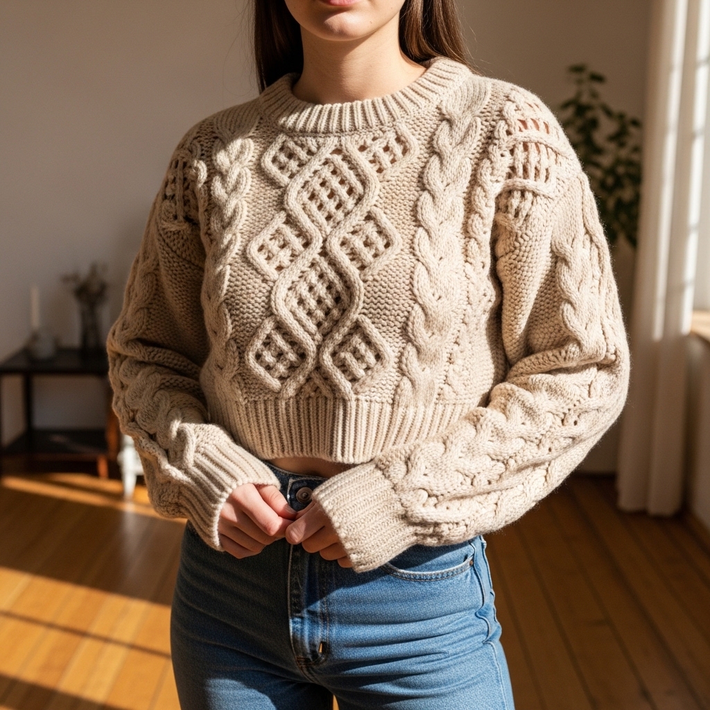 Pera Ajurlu Saç Örgü Detaylı Crop Triko Kazak