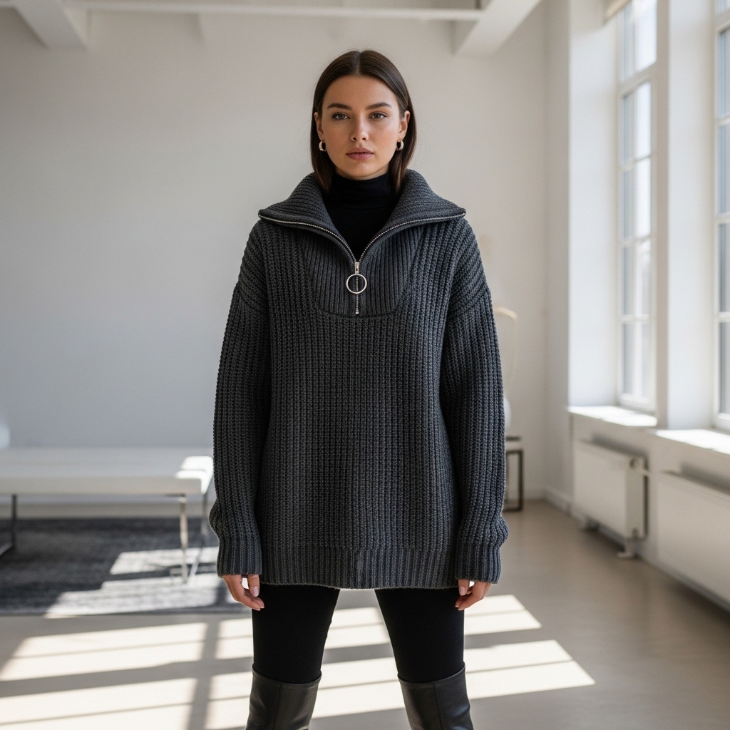 Riva Yarım Fermuarlı Selanik Örgü Oversize Kazak