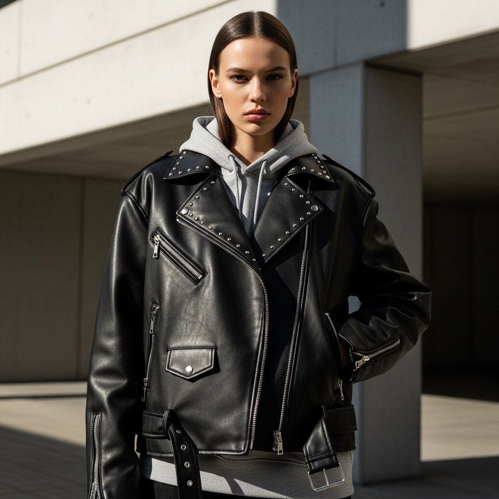 Raven Fermuar Detaylı Suni Deri Biker Ceket