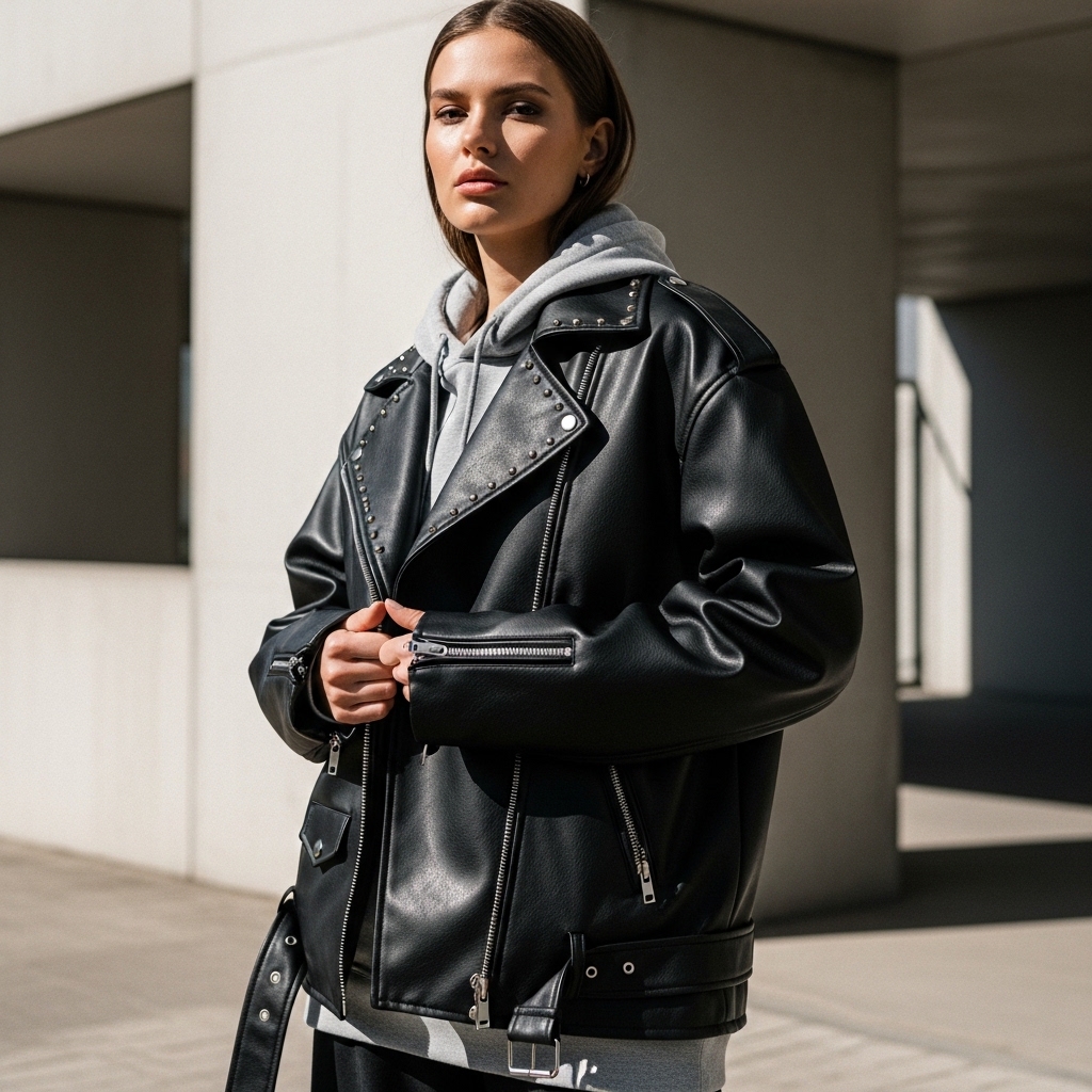 Raven Fermuar Detaylı Suni Deri Biker Ceket