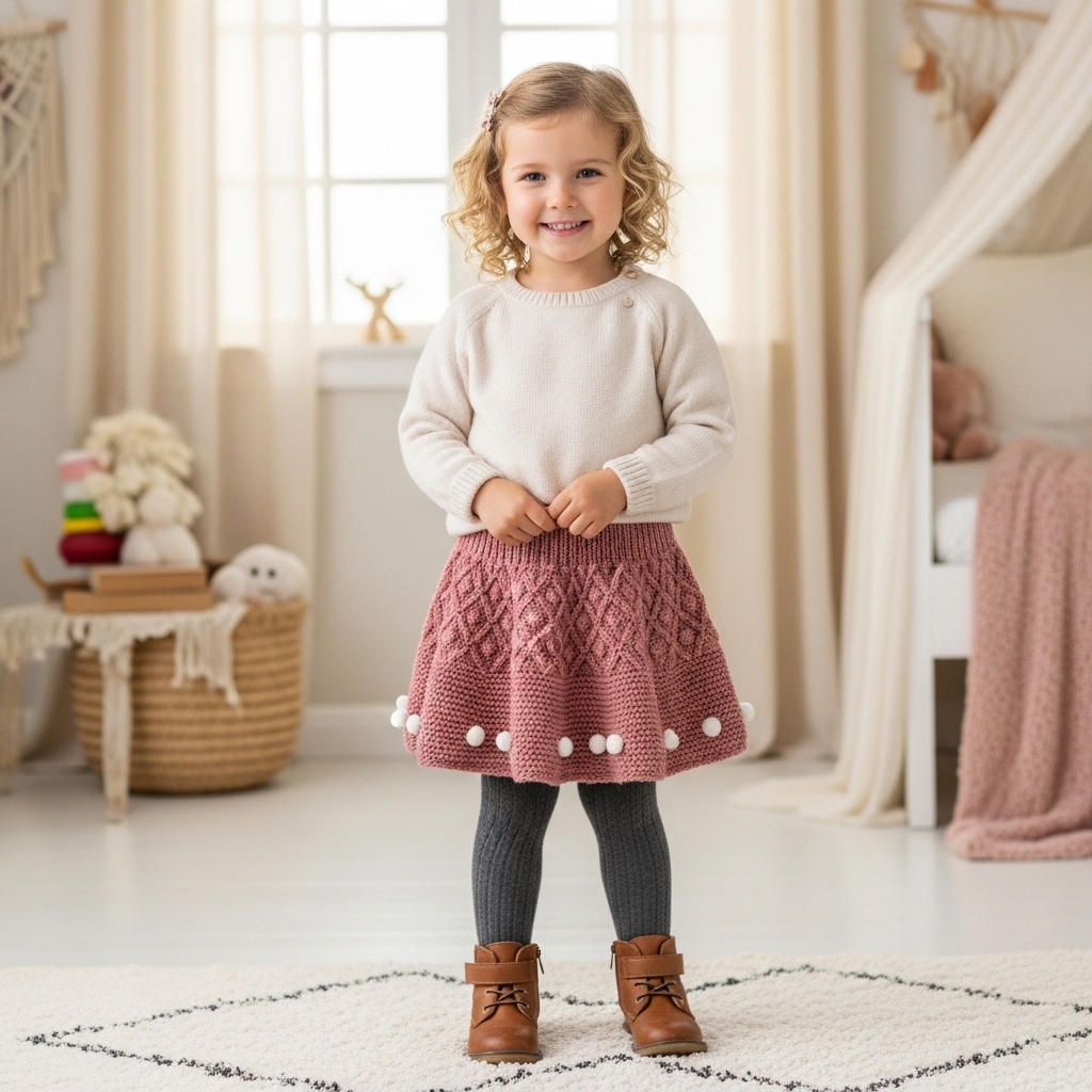 Ponponlu El Örgüsü Görünümlü Çocuk Triko Etek
